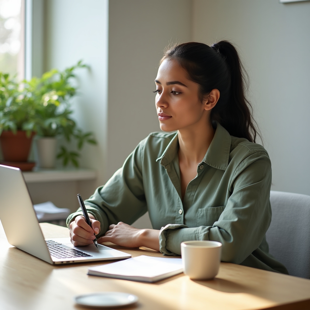 Persona trabajando en escritura profesional en un escritorio moderno
