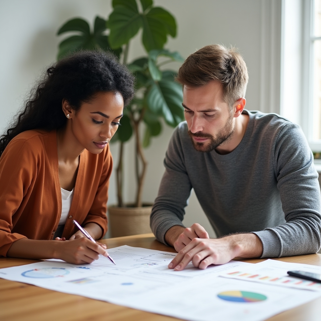 Dos profesionales revisando una propuesta comercial en una mesa de trabajo
